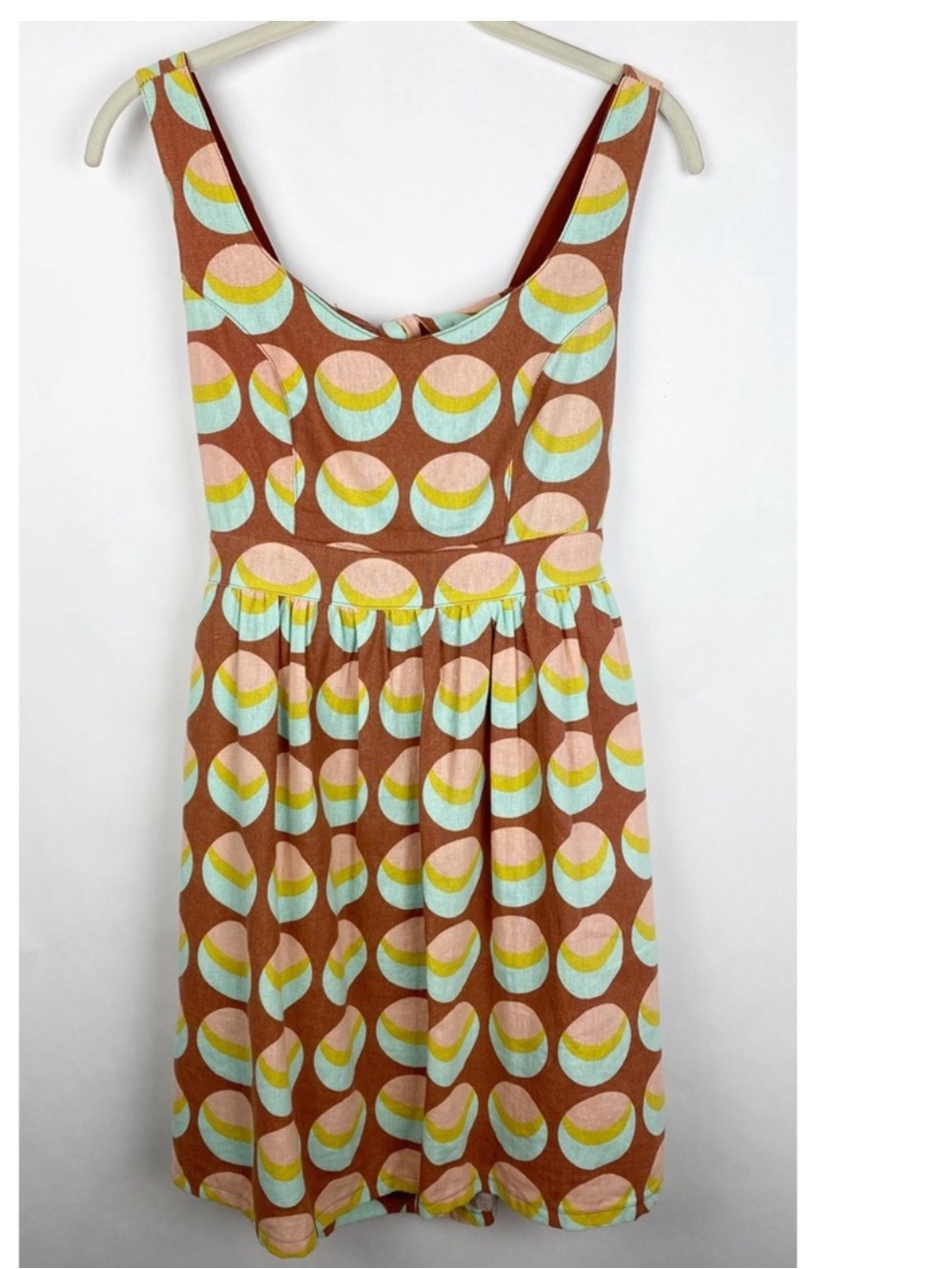 Judith March Linen Open Tie Back 70s mod Print Mini dress size Large - Picture 3 of 7